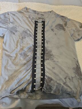 Affliction Gray Tie-Dye Short Sleeve Tee with Black Front Lace and Silver Chains
